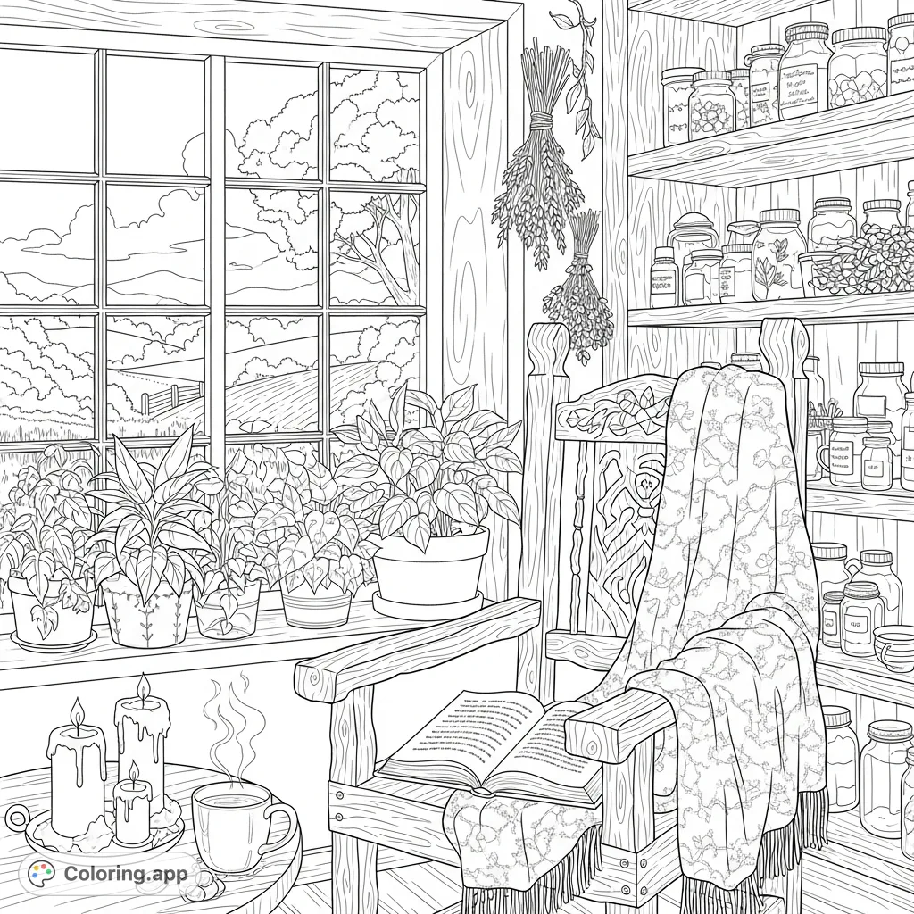 Discover tranquility in a highly detailed cottage interior featuring a snug reading nook, rustic shelves, and a picturesque countryside view.