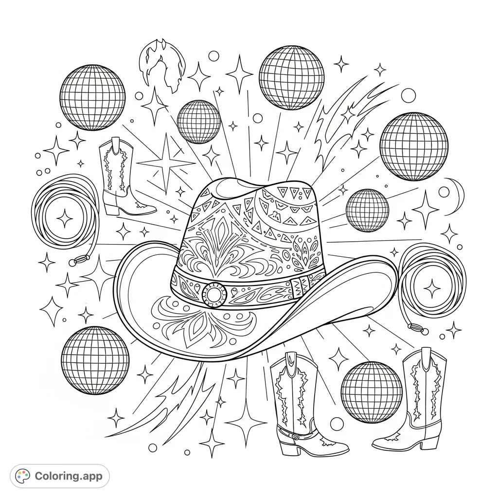 A fun, glamorous cowgirl disco coloring page featuring a stylized hat, sparkling disco balls, starbursts, and classic western motifs. Perfect for a chic western aesthetic!