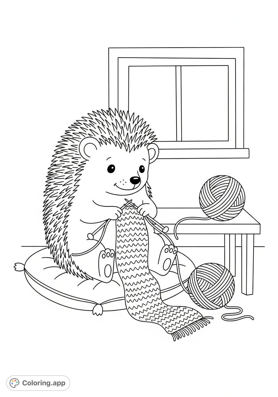 Discover a cute hedgehog knitting a long scarf in a cozy indoor setting. Perfect for relaxation and creative expression, offering simple, rounded shapes.