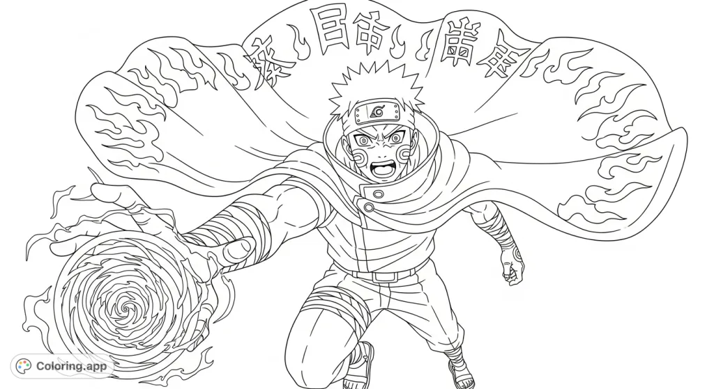 Unleash your creativity on this dynamic character coloring page. A powerful figure with spiky hair and a flowing, Kanji-scripted cloak launches an energy attack!