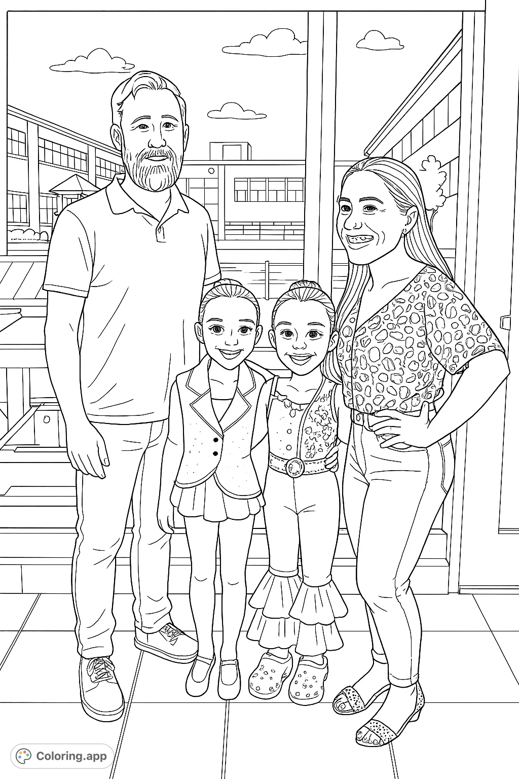 Capture a joyful family moment featuring two parents and their two young performers in detailed costumes. A memorable scene for all ages.