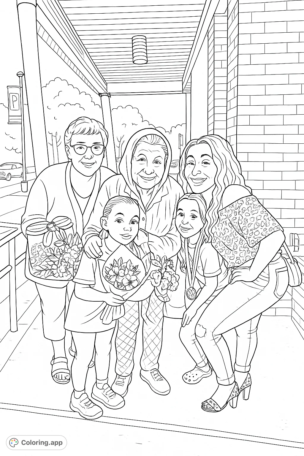 Celebrate family bonds with this multi-generational portrait coloring page featuring five smiling individuals, bouquets, and a cheerful outdoor setting.