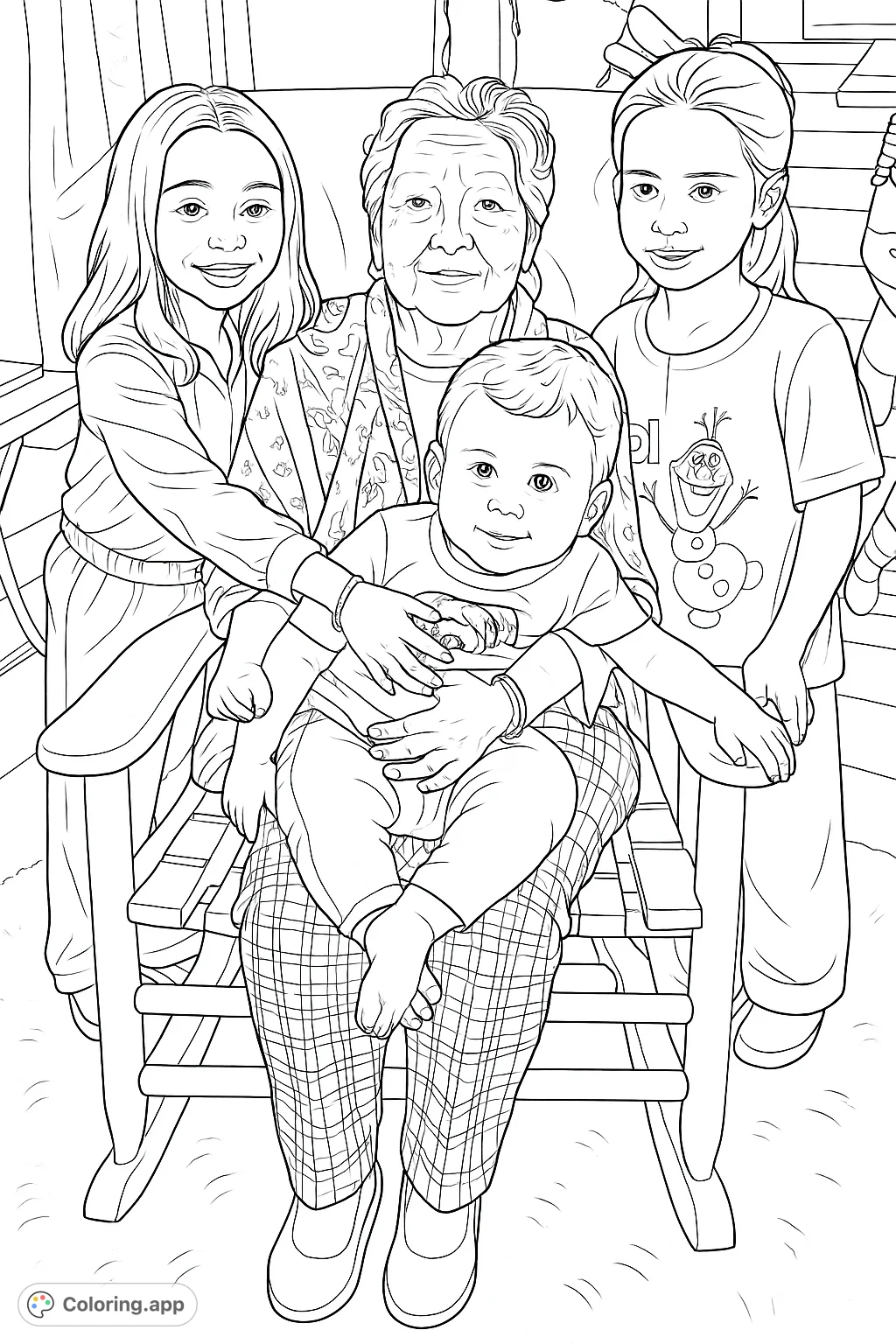 Capture a beautiful moment of family love with an elderly woman and three children in a cozy setting. Perfect for celebrating bonds and creating a memorable artwork.