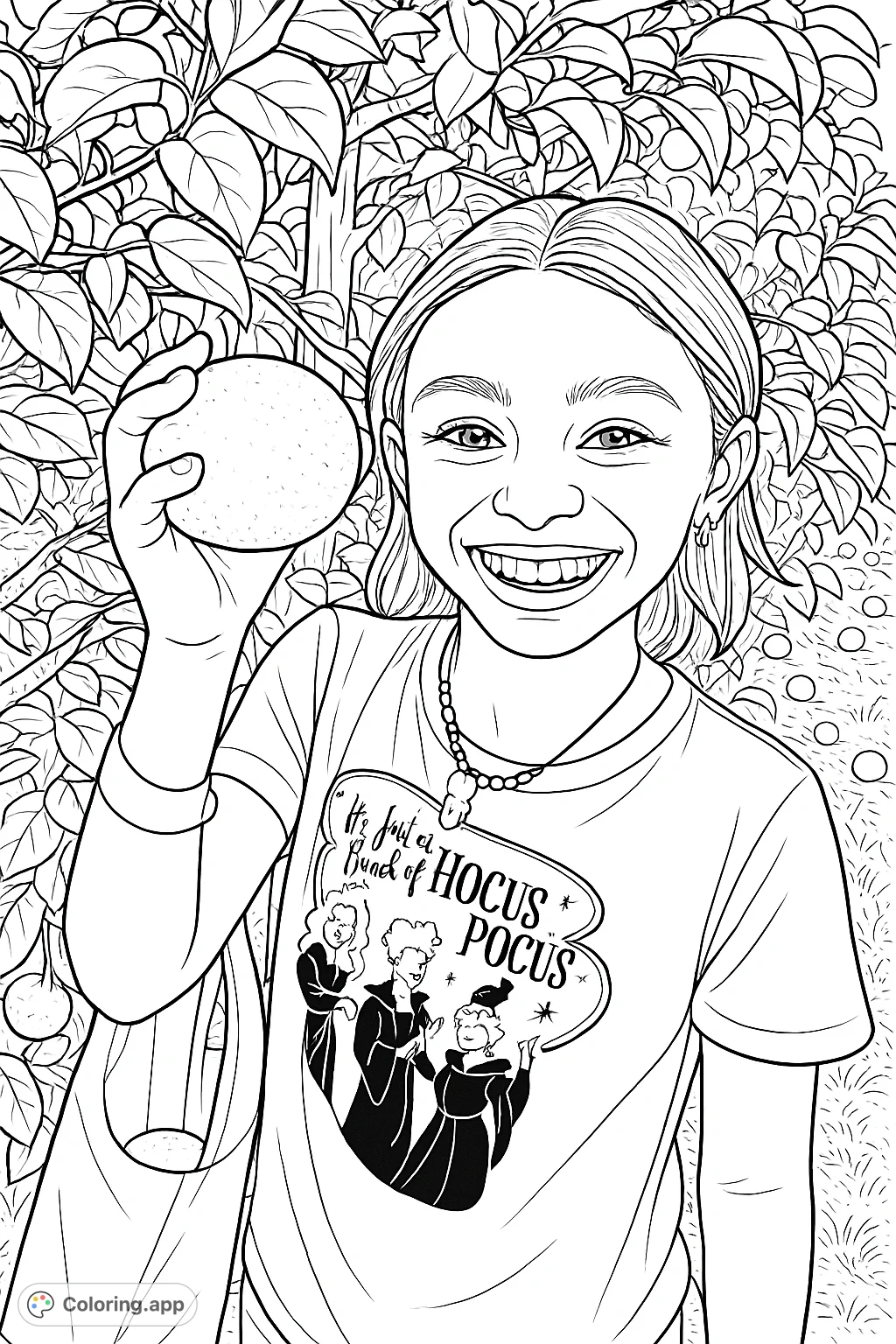 A joyful girl holds a freshly picked fruit in a lush orchard. Perfect for young colorists to bring a harvest scene to life with imagination.