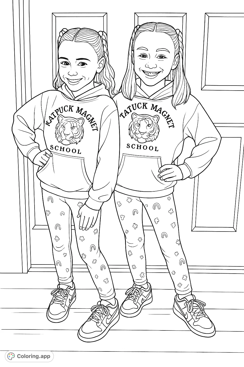 Two cheerful girls in matching hoodies and patterned leggings, posing in front of a door. A fun and engaging coloring page for all ages.