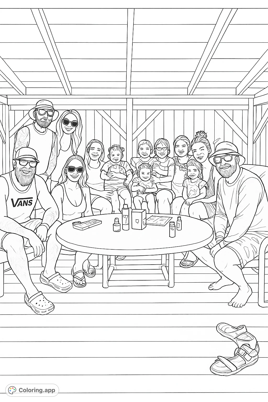 Gather with a lively group of family and friends in a relaxing cabana setting. This scene captures a joyful moment, perfect for coloring a vibrant group portrait.