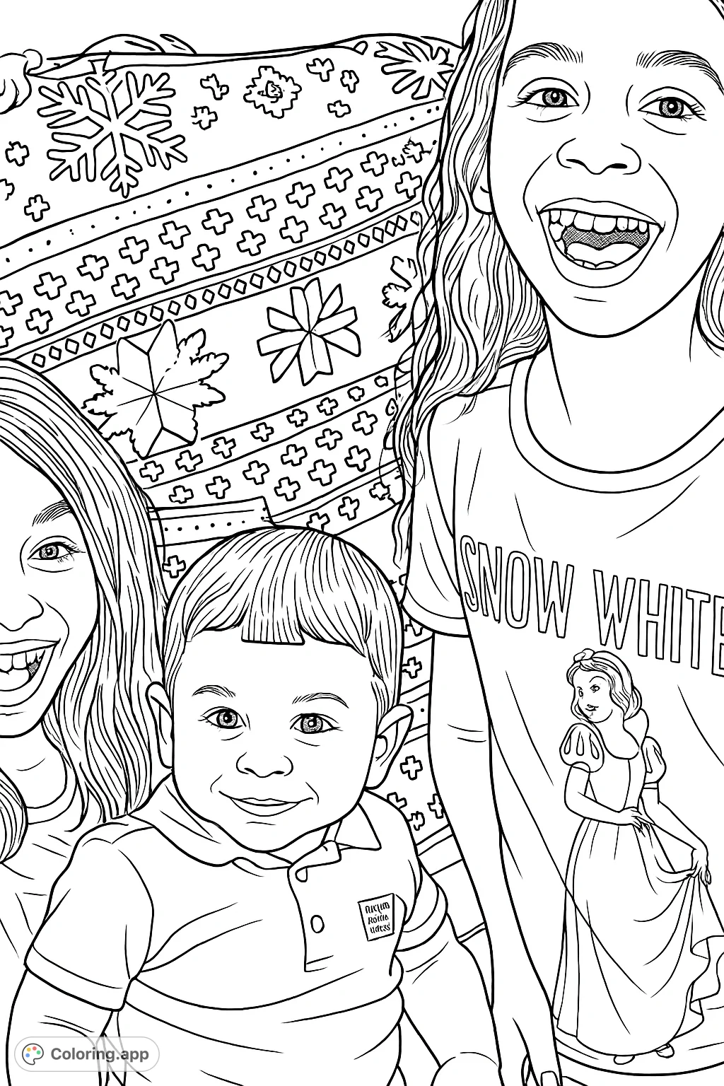 Three joyful children, two girls and a toddler, laugh happily against a festive patterned background. A heartwarming scene of family connection.