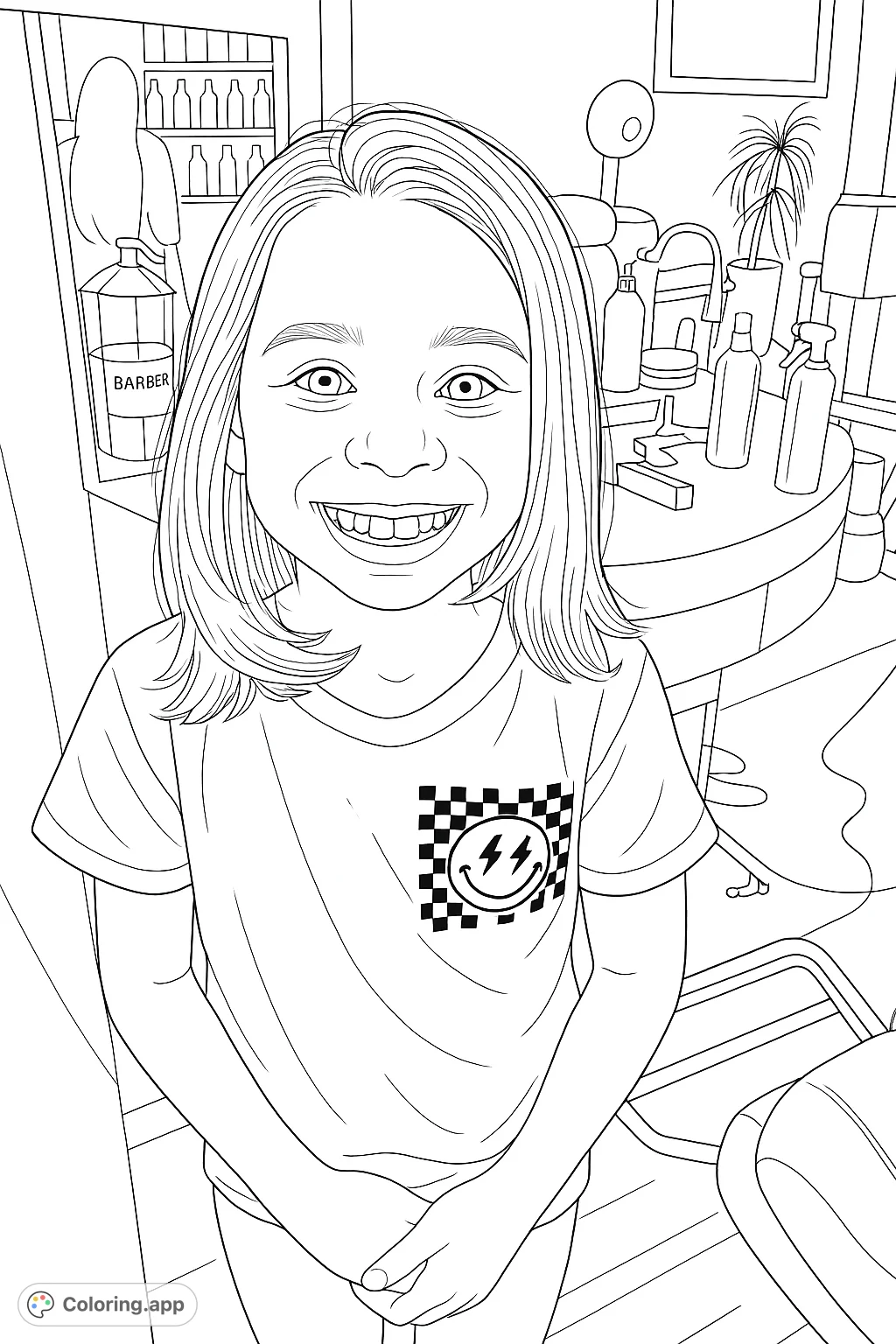 A cheerful girl in a salon setting, ready to be brought to life with your creative colors. Features a unique checkered smiley face shirt.