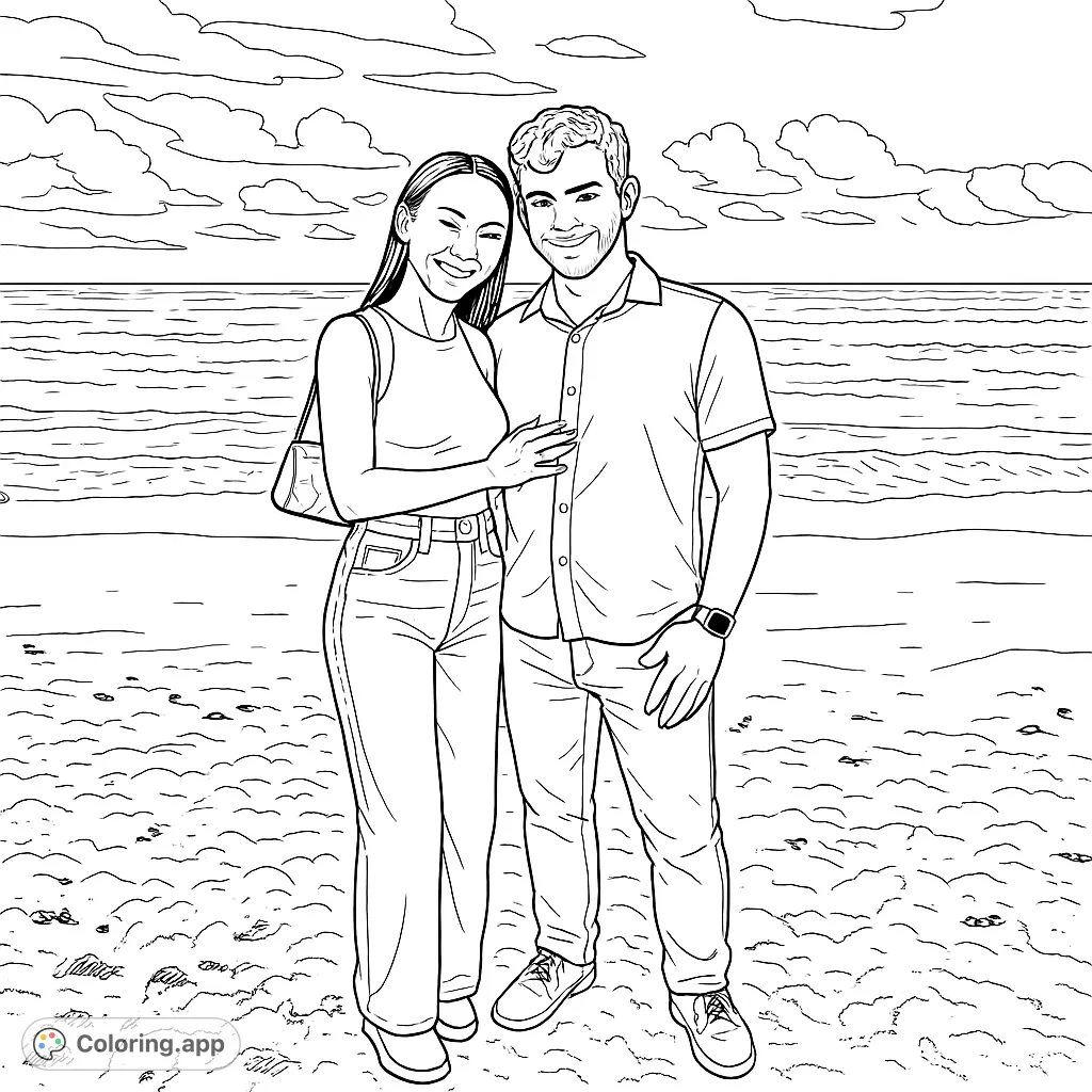 A delightful couple stands on a sandy beach, with serene ocean waves and a cloudy sky in the background, perfect for a relaxing coloring escape.