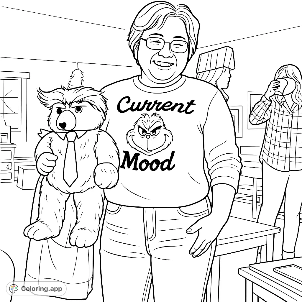 Capture a festive moment with a smiling person holding a unique teddy bear wearing a tie, alongside a fun character top. Enjoy this holiday-themed coloring page.