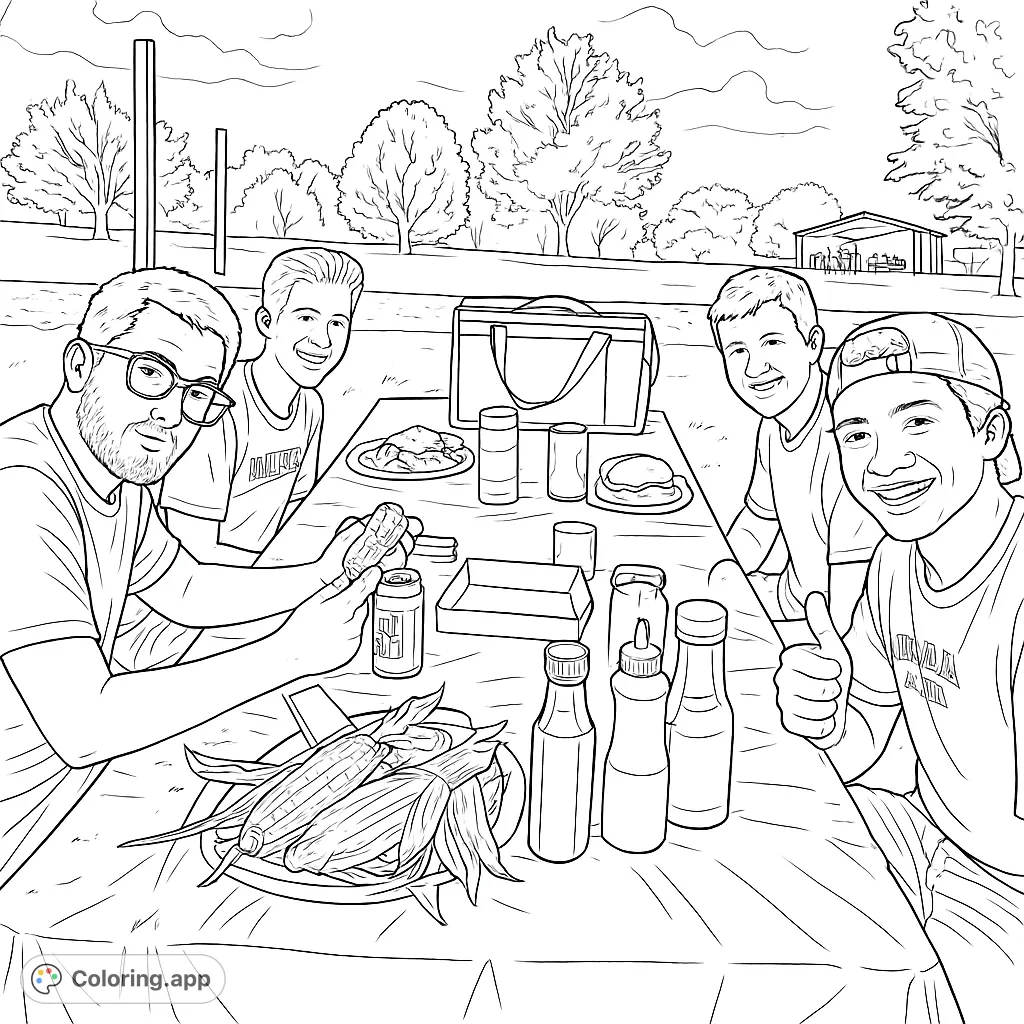 Join a lively outdoor picnic scene featuring friends enjoying food and drinks around a table. A fun, free printable gathering coloring page for all ages.
