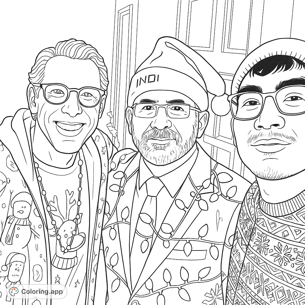 Three smiling individuals pose in festive attire, featuring a decorated suit, patterned sweater, and Santa hats, perfect for holiday coloring fun.