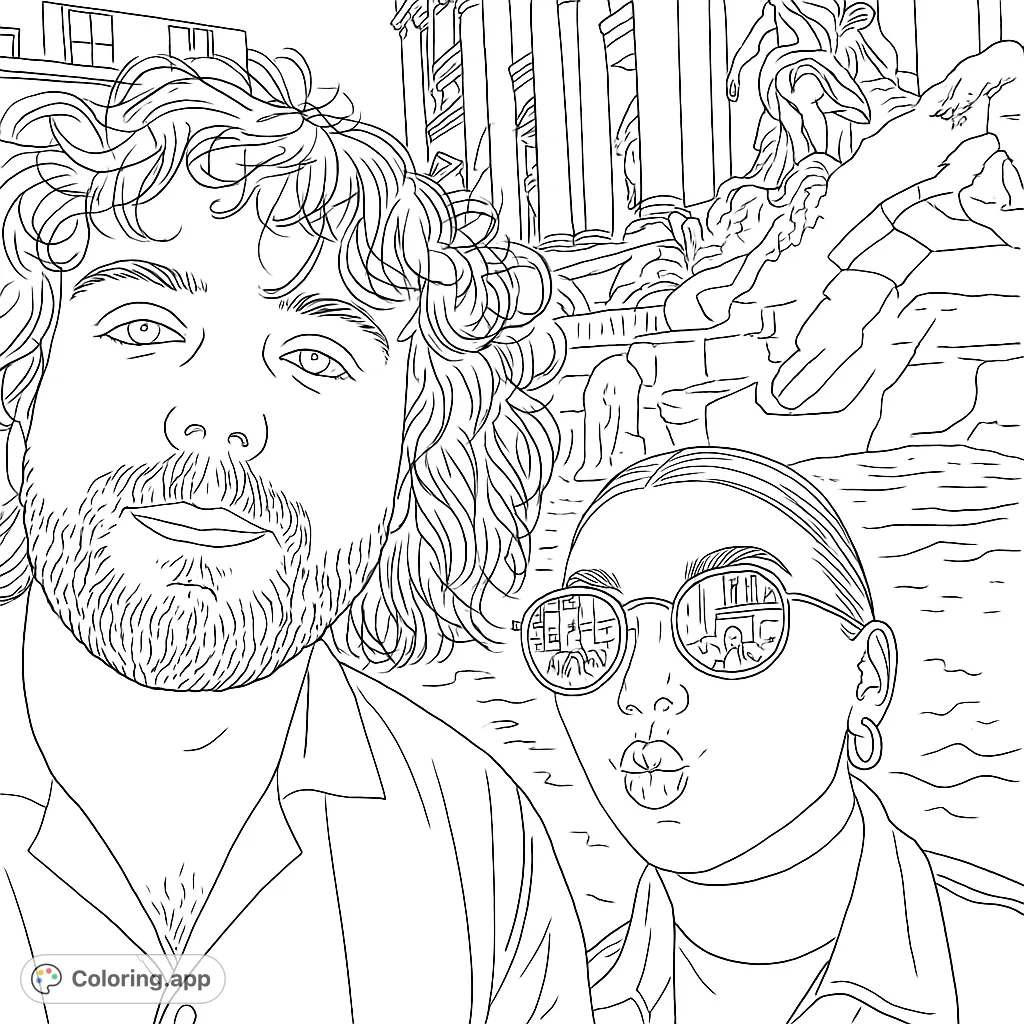 Capture a memorable travel moment with this fountain selfie coloring page. Featuring two individuals and an iconic sculpted fountain backdrop, perfect for creative expression.