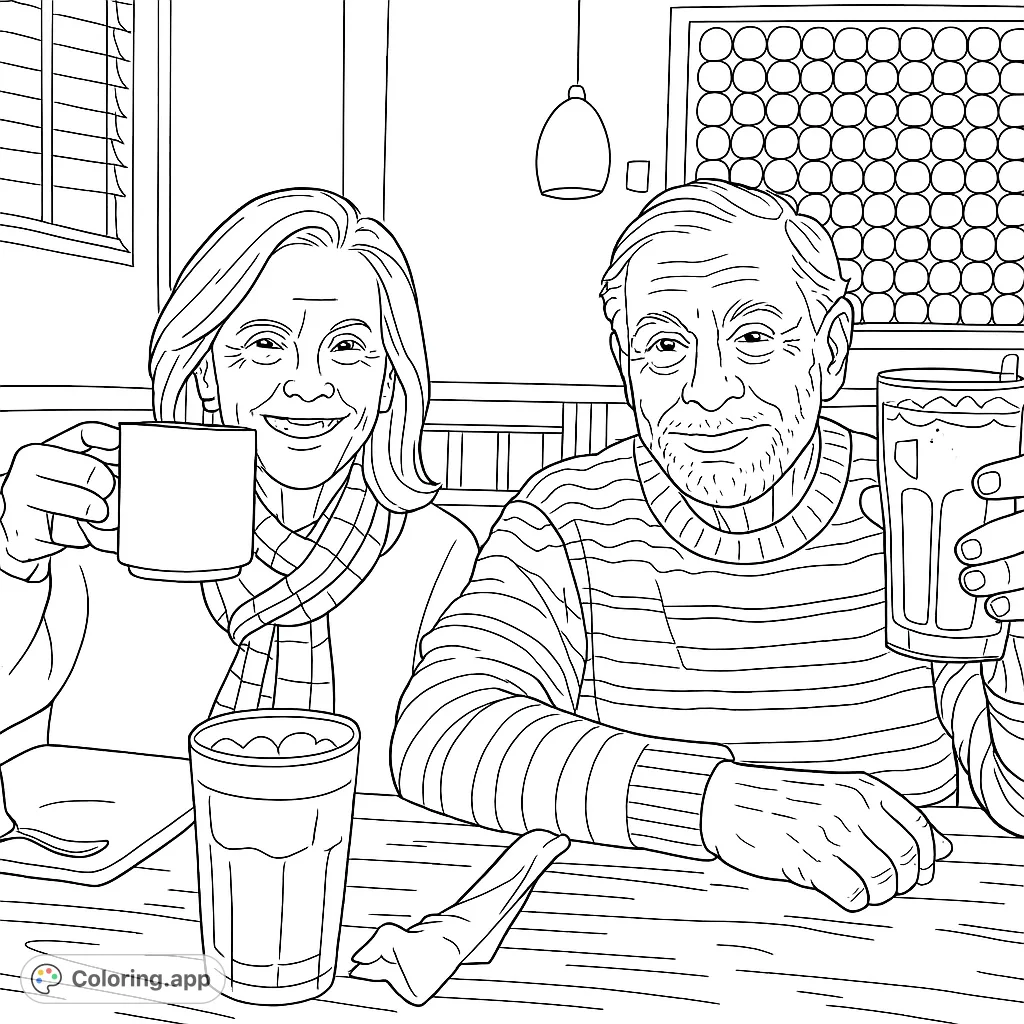 A delightful coloring page featuring a happy older couple toasting at a restaurant table, perfect for celebrating family connections.