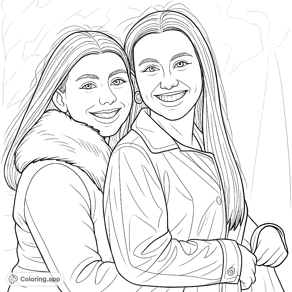 Capture the warmth of friendship with this detailed coloring page featuring two smiling women. Perfect for practicing portraiture and texture!
