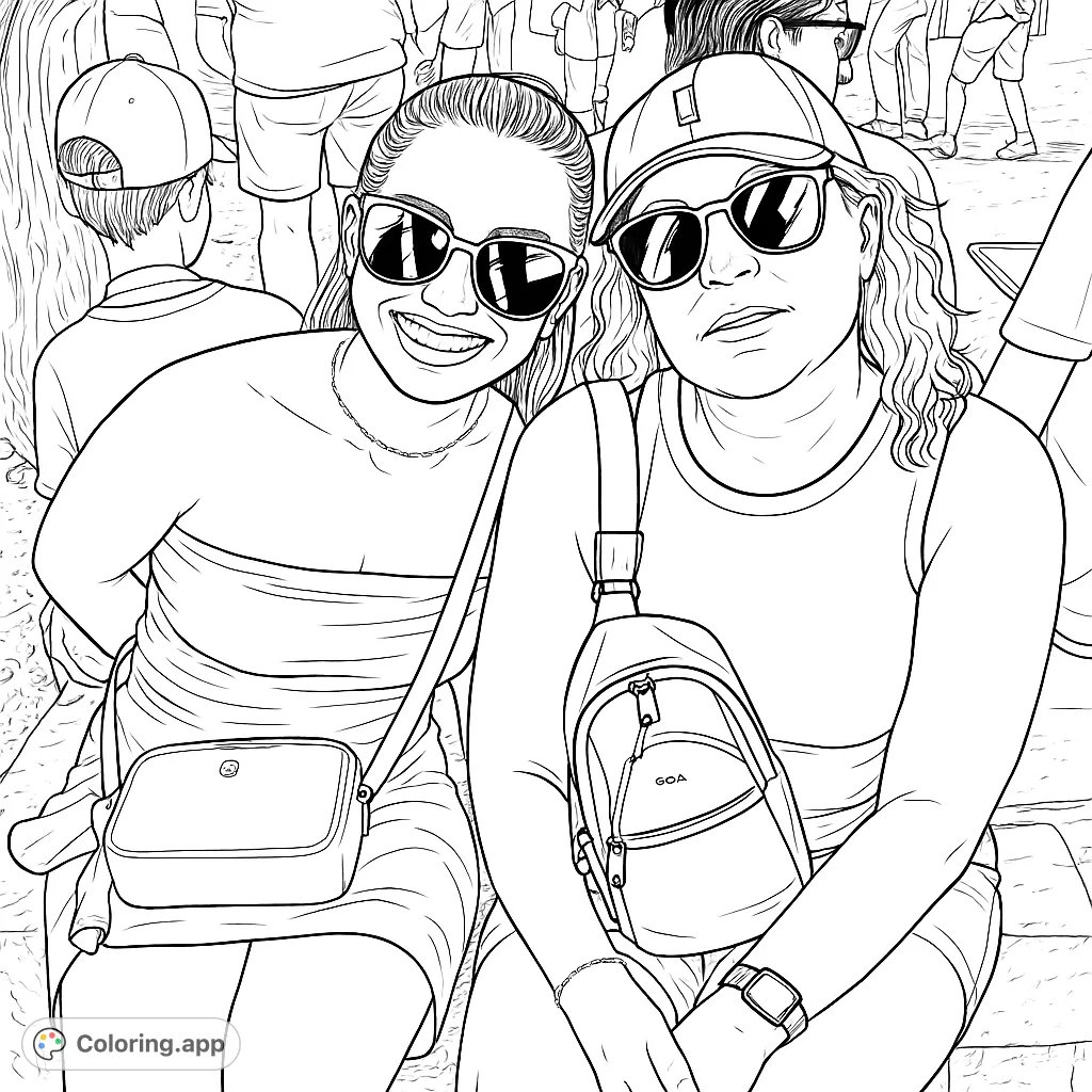 A heartwarming coloring page featuring two women smiling, showcasing their bond in a casual outdoor setting with fashion details.