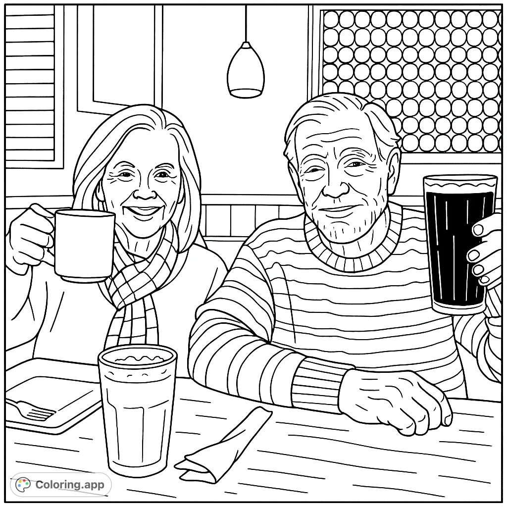 A charming vintage-style coloring page featuring a senior couple enjoying a meal together, holding up their drinks. Perfect for a relaxing and nostalgic creative moment.
