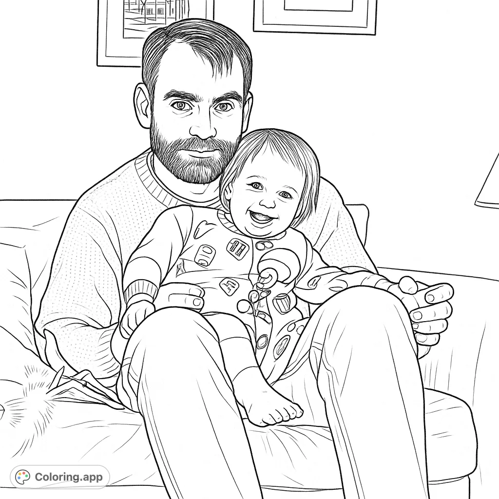 A heartwarming parent and child coloring page capturing a joyful moment of togetherness. Features an adult and a happy toddler in a festive sleeper. Perfect for family themes.