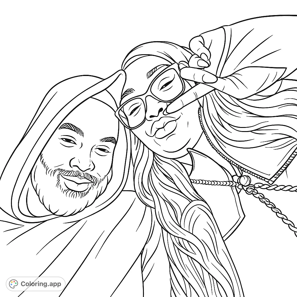 Capture a moment of connection with this modern selfie coloring page featuring two expressive individuals in a casual, dynamic pose.