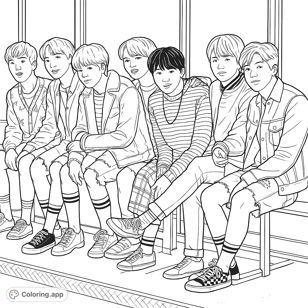 Capture the essence of friendship and style with this pop group coloring page. Seven young men in trendy outfits pose together on a bench by the water.