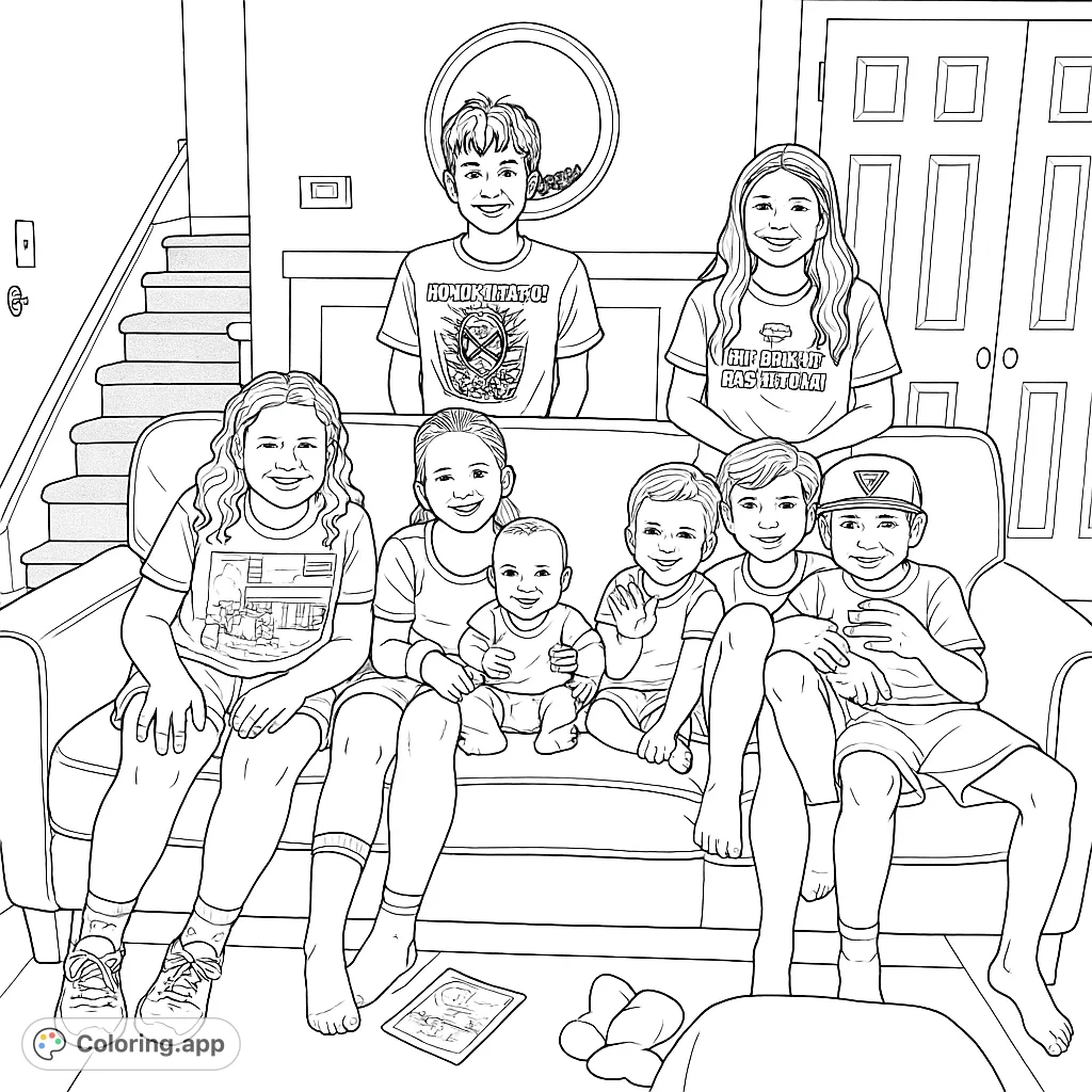 Capture the joy of a bustling family with seven smiling children gathered on and around a comfortable sofa. A heartwarming scene for all ages.