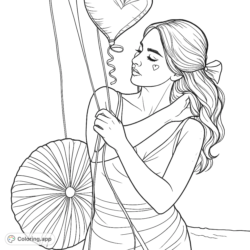 A striking festive portrait featuring a woman with heart-themed makeup and balloons. Celebrate special moments with this romantic and expressive coloring page.