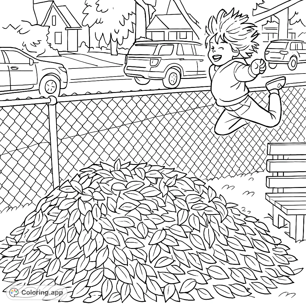 A playful child in mid-air, about to land in a voluminous pile of autumn leaves beside a fence, set against a suburban street and houses.