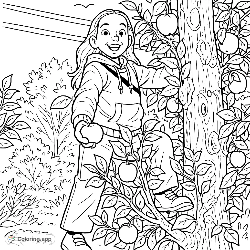 An exciting apple picking coloring page featuring a cheerful child amidst a bountiful tree. This free printable offers a delightful harvest scene, perfect for kids.