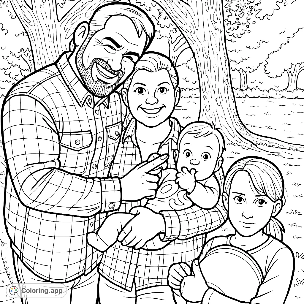 A heartwarming family portrait featuring two adults and two children outdoors, ready for a fun day. Perfect for all ages to personalize.