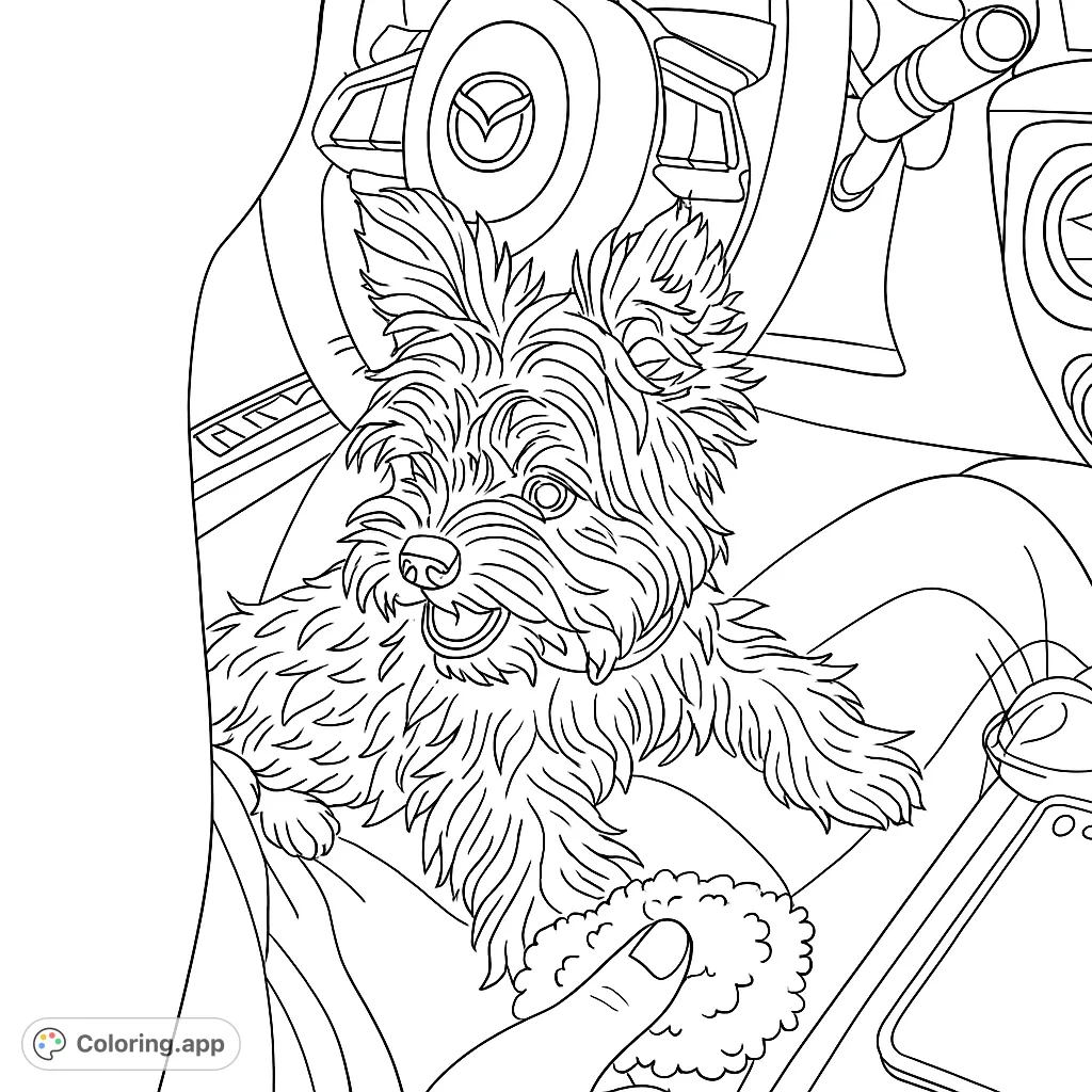 A lovable, fluffy dog sits happily on a lap in a car, ready for adventure. Features a steering wheel background and playful toys. Perfect for pet lovers.