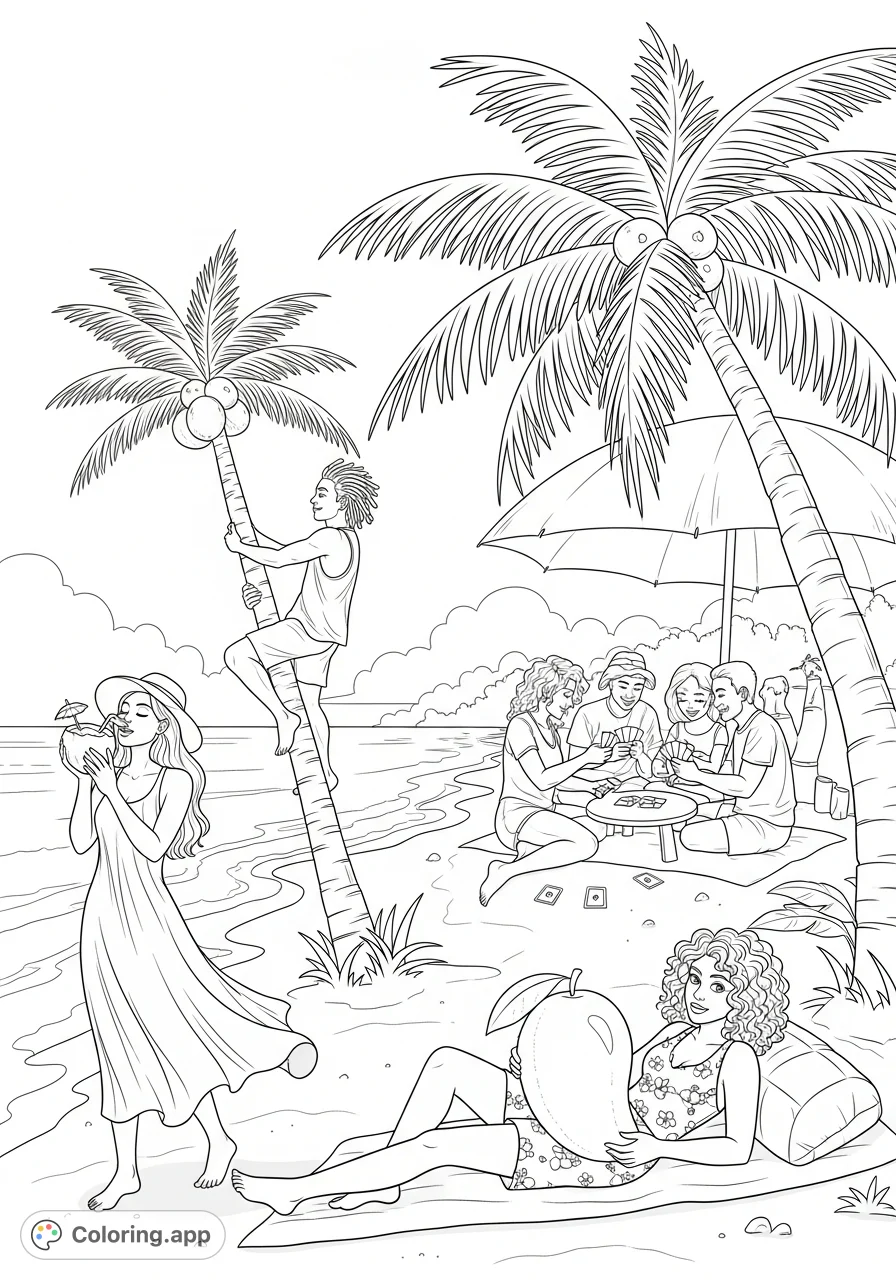 Immerse yourself in a lively tropical beach coloring page featuring friends, relaxation, and a man climbing a coconut tree amidst ocean waves.