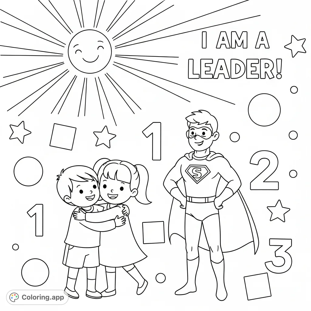 A delightful affirmation coloring page featuring a superhero, children hugging, shapes, numbers, and a beaming sun, perfect for young artists.