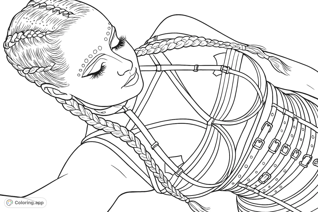 Immerse yourself in a creative journey with this striking coloring page featuring intricate braids, detailed facial art, and a complex strapped garment, perfect for unique color expression.