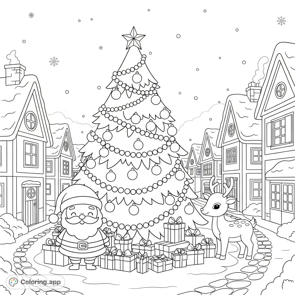 A delightful Kawaii Santa and a reindeer in a snowy winter village scene, complete with a grand Christmas tree and presents. Perfect for holiday cheer!
