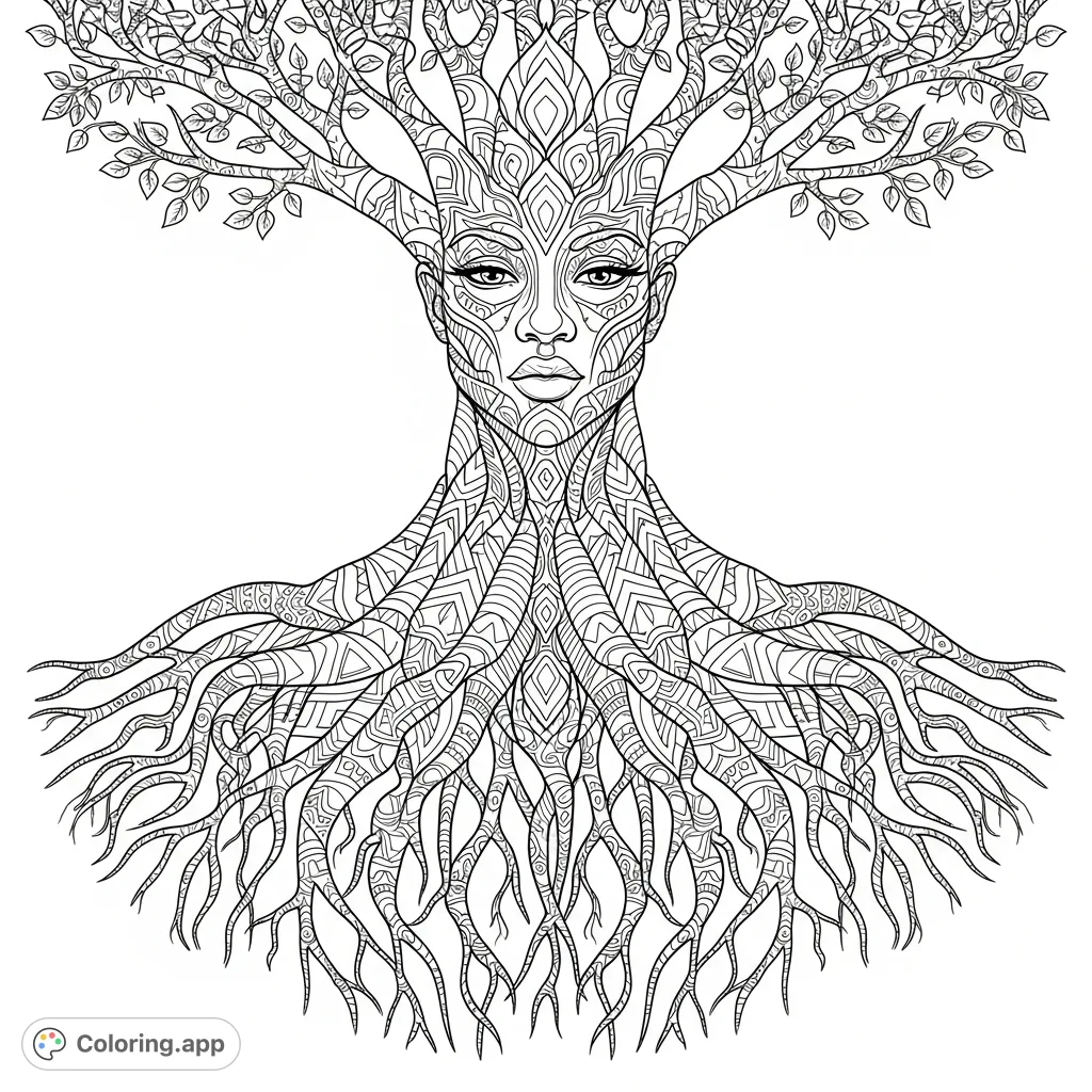 Discover an inspiring abstract tree coloring page featuring a Black woman's serene face in the trunk and roots adorned with intricate geometric patterns.