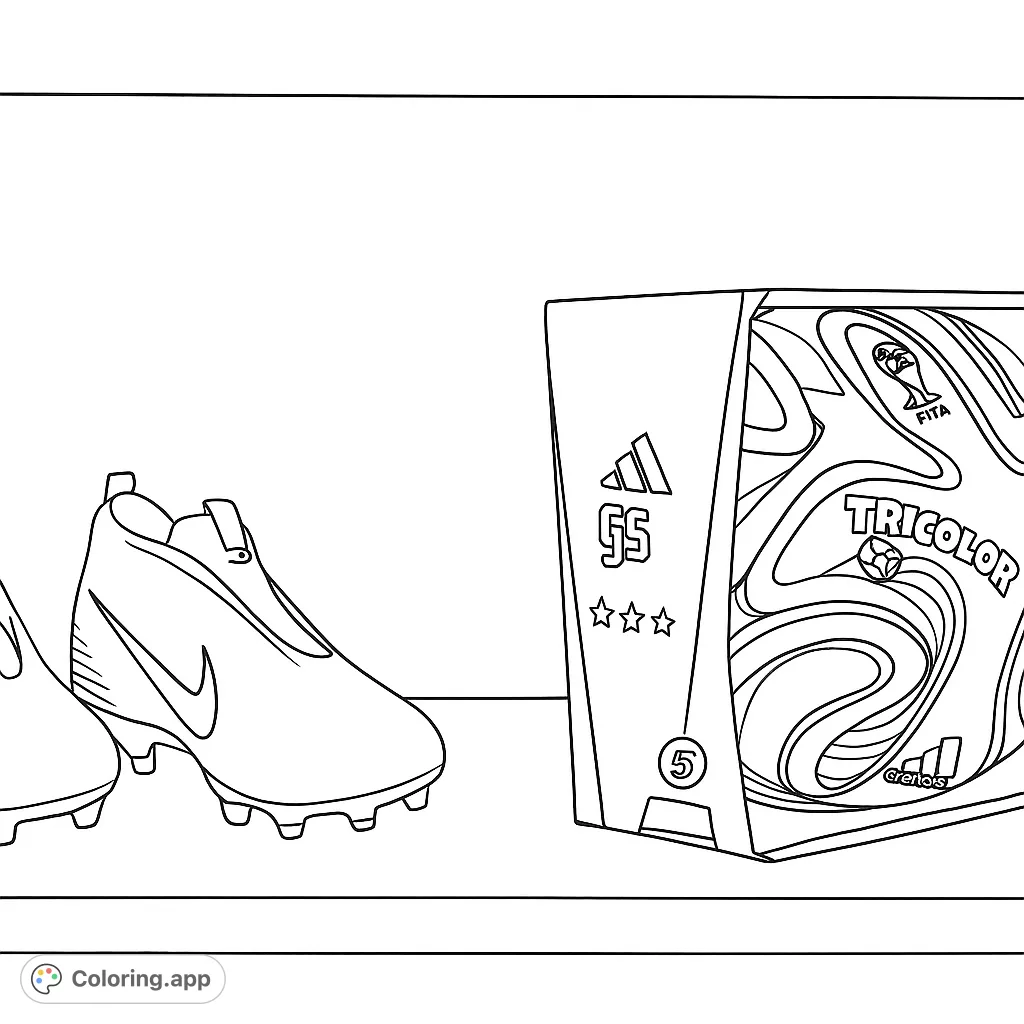 Color a dynamic scene featuring high-performance soccer cleats and a meticulously designed football in its display box on a simple shelf. Perfect for sports enthusiasts.