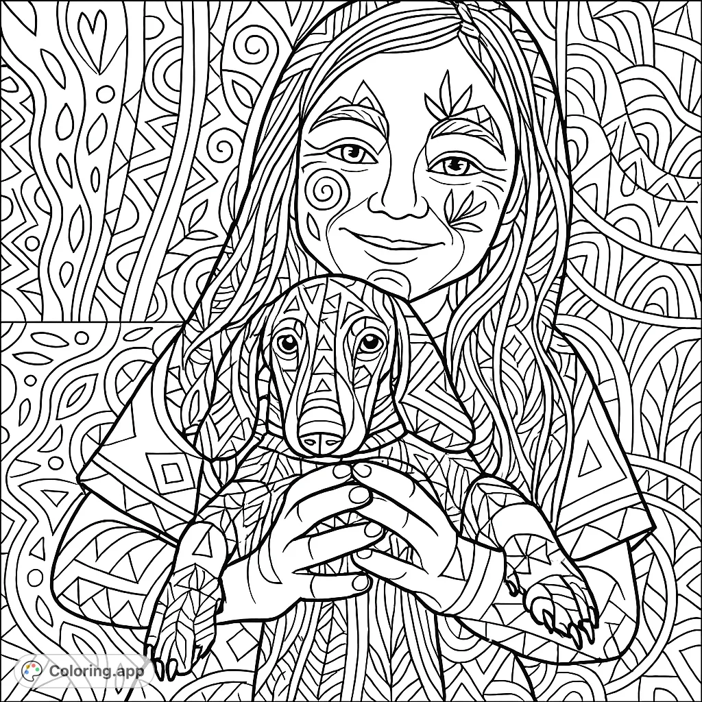 Discover a charming girl and puppy coloring page. This free printable features a happy child embracing her small, short-legged dog against an abstract background.