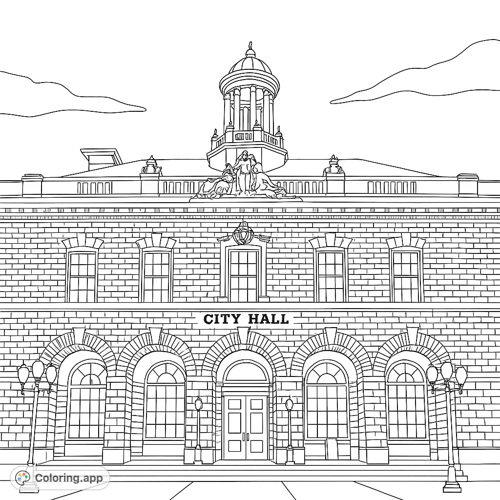 Detailed City Hall building with intricate brickwork, grand arches, and a prominent cupola. Perfect for architecture enthusiasts.