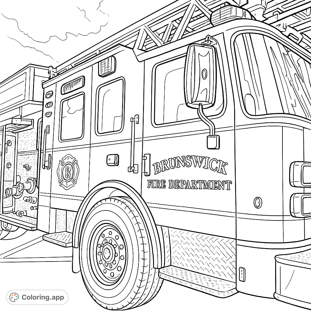 Detailed fire truck coloring page showcasing an iconic emergency vehicle, complete with equipment, text, and textured surfaces.