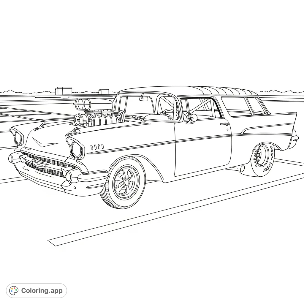 Unleash your creativity with this detailed 1957 Chevy Nomad drag car coloring page, featuring a powerful blower motor and wide racing slicks.
