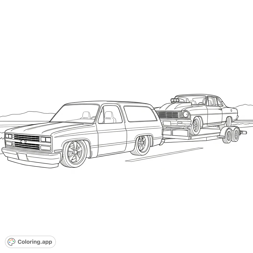 A detailed custom car coloring page featuring a slammed 1990 Chevy Suburban towing a 1966 Nova drag car on a trailer, ready for customization.