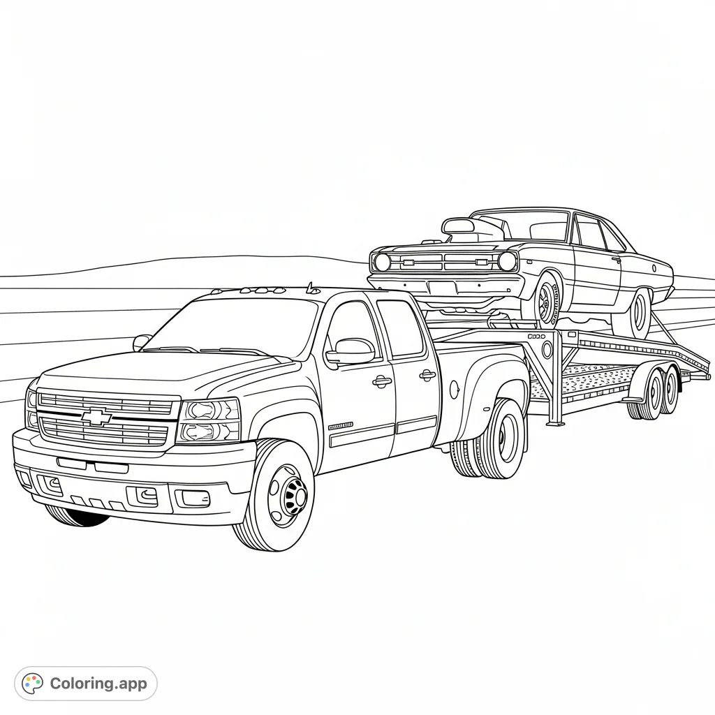 Color a powerful 2007 Chevy truck dually towing a classic 1968 Dodge Dart drag car on a trailer. Perfect for vehicle enthusiasts and fans of classic muscle.