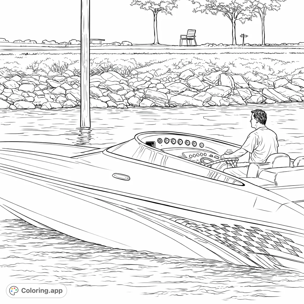 Experience the thrill of a powerful speed boat on the water, driven by a focused individual. A realistic boat design with intricate details for coloring enthusiasts.