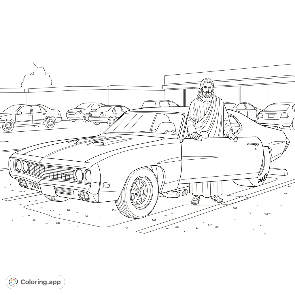 An unexpected and unique scene features Jesus stepping out of a powerful, slammed 1970 GTO drag car, parked in a spot. A truly creative piece!