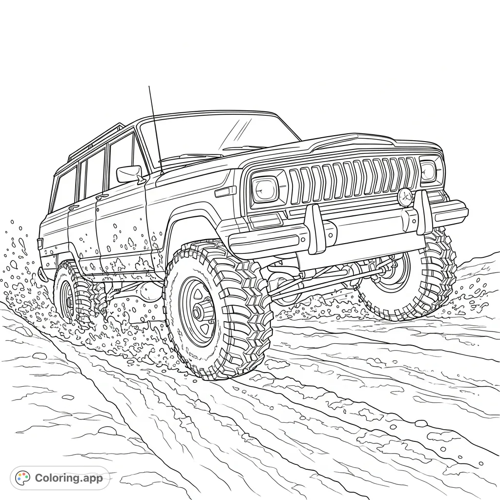 Experience the thrill of off-roading with a classic 1985 Jeep Wagoneer conquering a muddy hill, featuring robust mud tires.