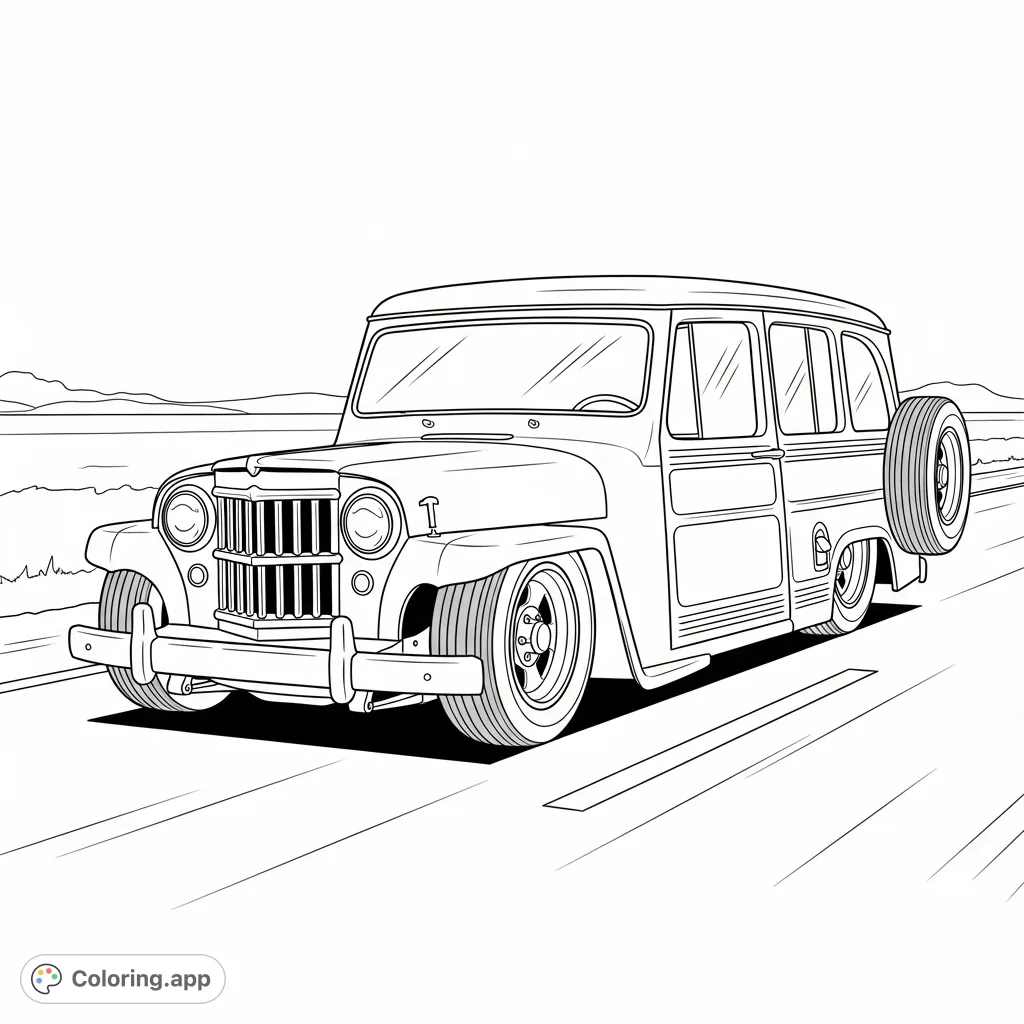 Cruise down memory lane with this free printable 1957 Jeep Willys Wagon coloring page. A classic ride with a slammed stance, ready for your creative touch.