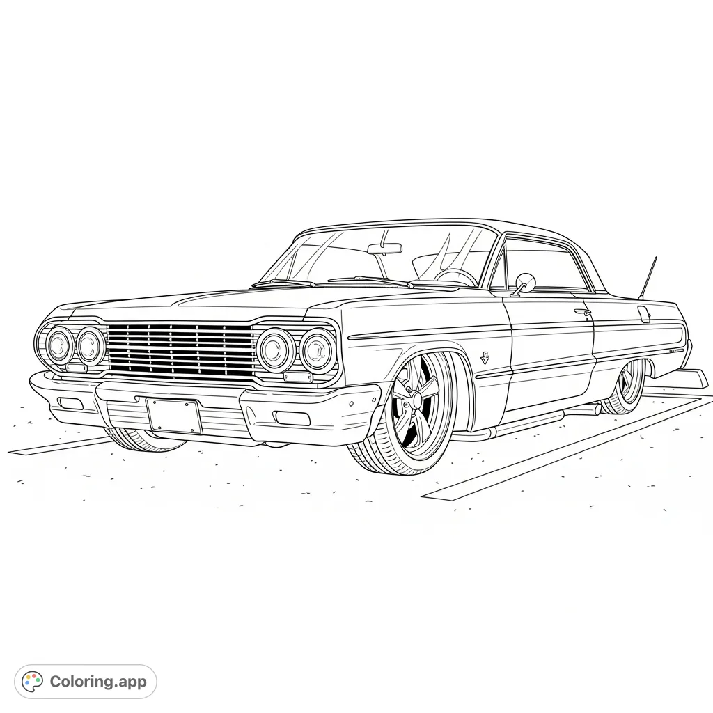 Color a classic 1964 Impala, slammed low to the ground with intricate wheels, parked in a detailed parking spot. Perfect for car enthusiasts!