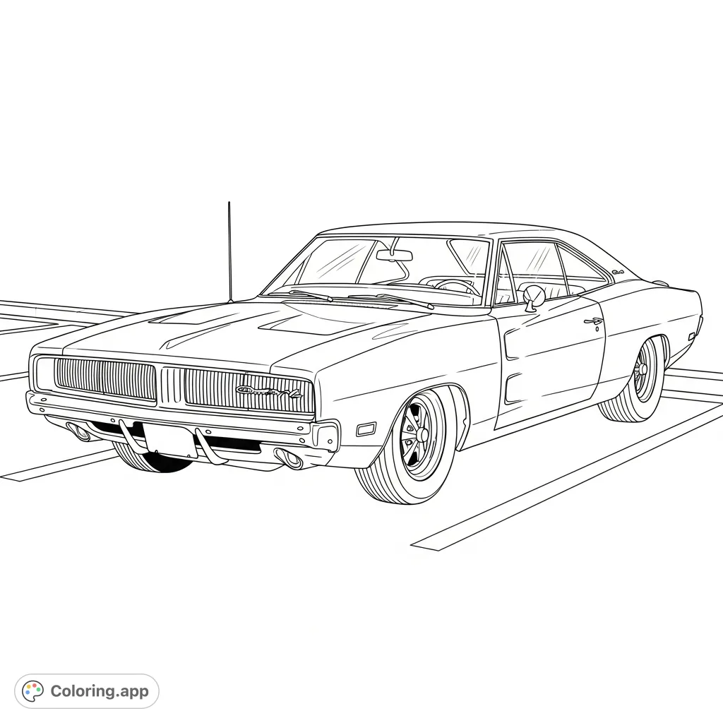 Unleash your creativity with this detailed 1969 Dodge Charger coloring page, showcasing its iconic design and powerful, slammed stance in a parking spot.