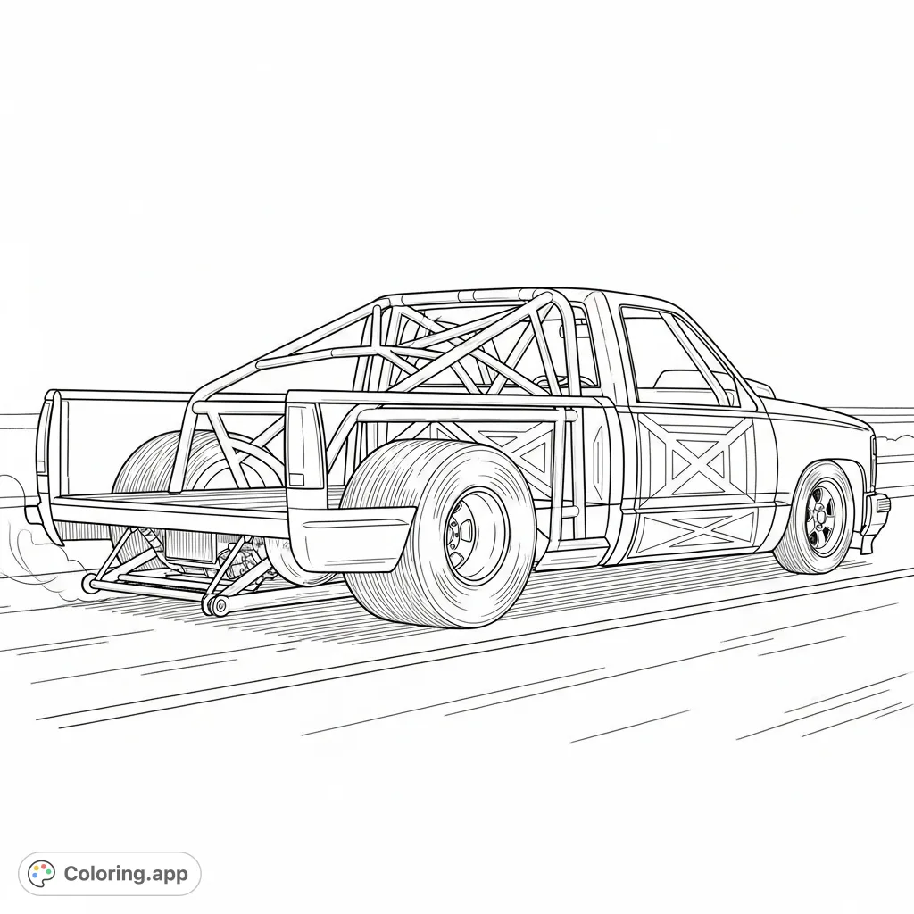 Experience the thrill of a custom 1995 Chevy truck coloring page. Featuring a slammed stance, big drag tire, and roll cage.