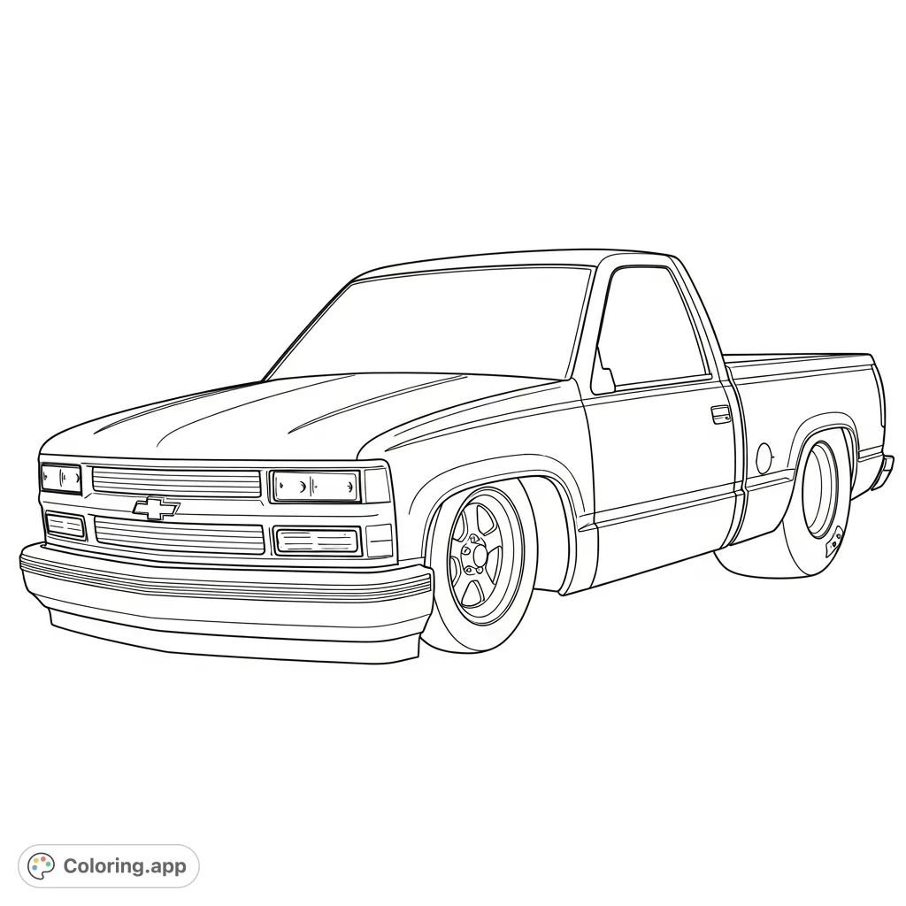 Unleash your creativity on this detailed 1995 Chevy drag truck coloring page, featuring a slammed stance and impressive tubbed rear tires.